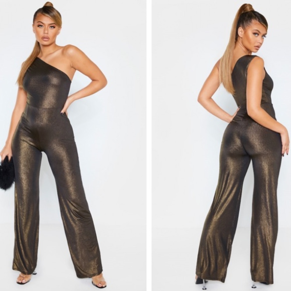 PrettyLittleThing Gold One Shoulder Shimmer Wide Leg Jumpsuit